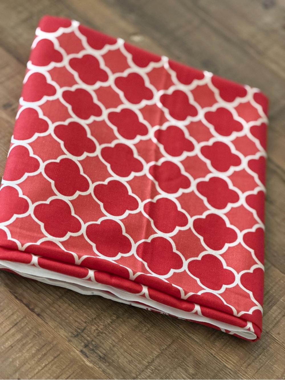 Braemore Emilio Cosmos Red/Melon Fabric. 68”L x 54”W Quatrefoil Geometric Print
